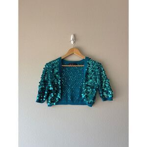 Say What ? y2k sequin blue cropped open front bolero shrug cardigan